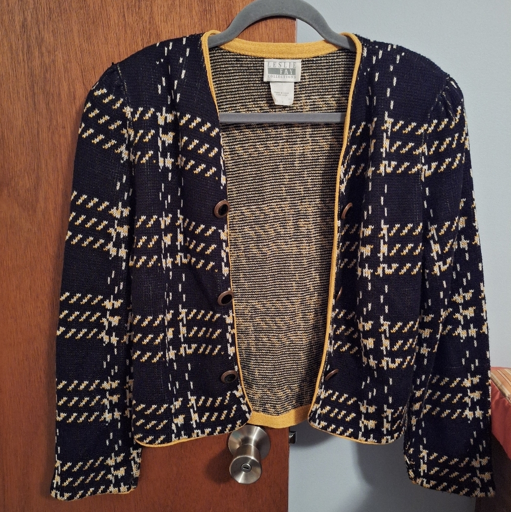 Leslie Fay Navy and Mustard Patterned Knit Cardigan
